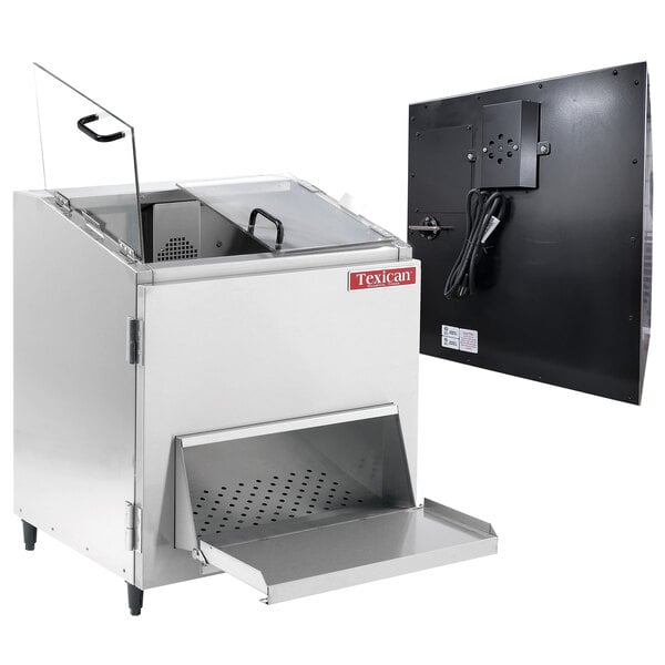 A Texican stainless steel nacho chip warmer with black aluminum doors open.