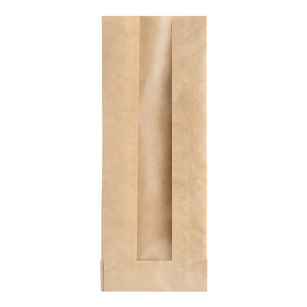 A brown paper bag with a window.