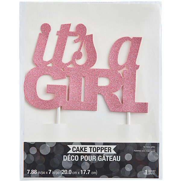 A pink glittered Creative Converting cake topper that says "It's a Girl"