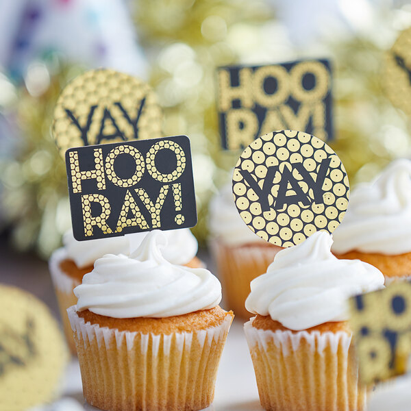 Celebration Party Food Picks Gold Cupcake Toppers Woohoo Customize it Hooray Cheers Yay Personalize it!