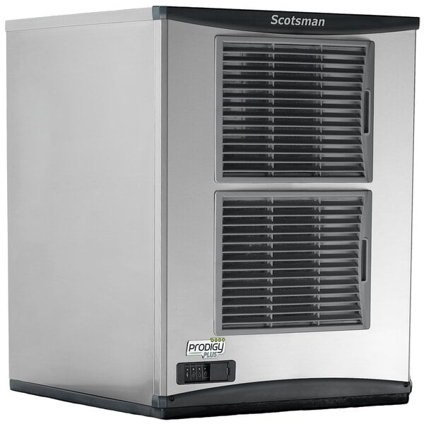 A silver Scotsman air cooled flake ice machine with vents.