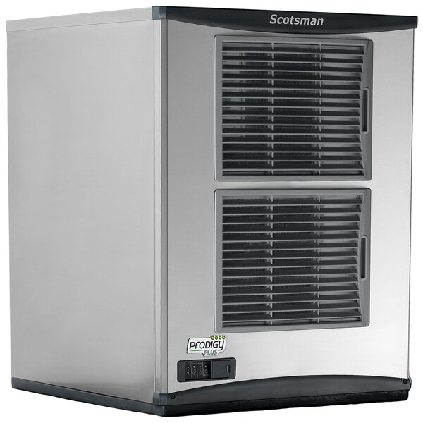 A silver and black rectangular Scotsman air cooled ice machine with vent.