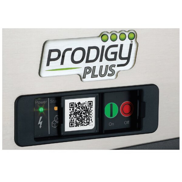 A close-up of a Scotsman Prodigy Plus air cooled flake ice machine with a QR code on it.