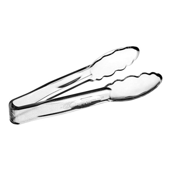 A pair of clear plastic tongs with curved handles.