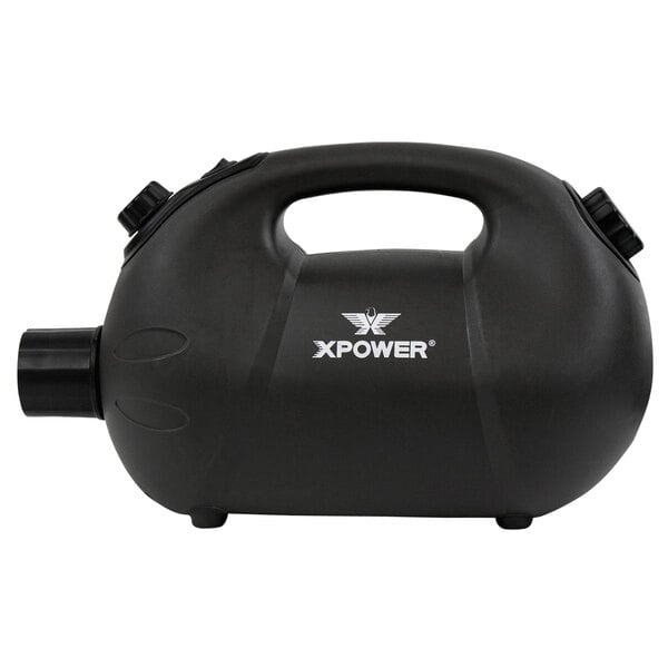 An XPOWER black plastic cordless fogger with a handle and knobs.