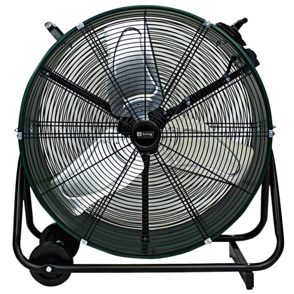 A large black King Electric industrial drum fan with wheels.