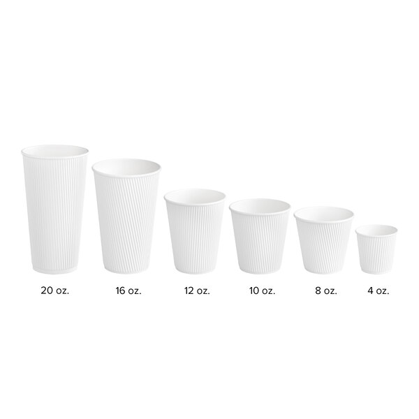 A row of white Choice paper hot cups with a ripple design.