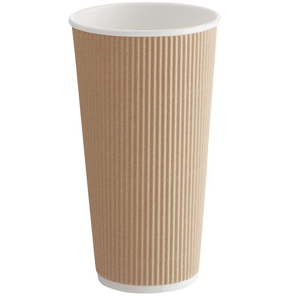 A brown paper cup with a white rim.