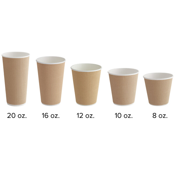 A row of brown Choice Double Wall Ripple Kraft Paper Hot Cups with white rims.