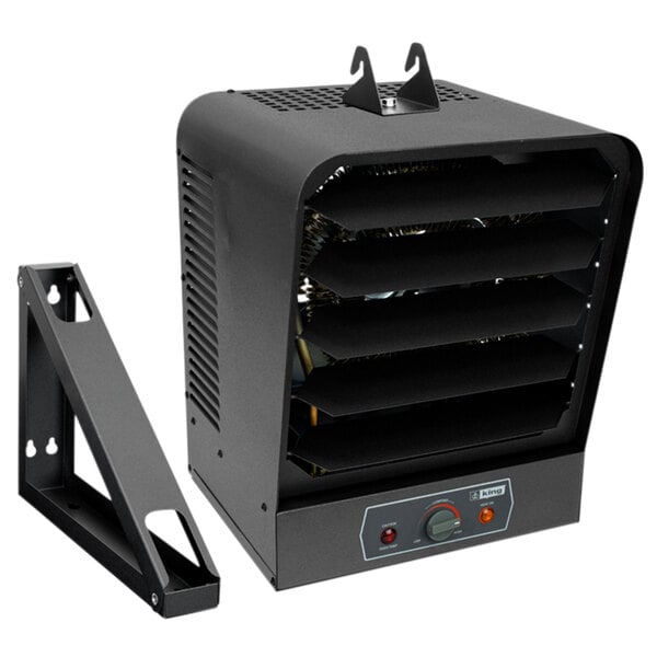 A black King Electric industrial electric heater with a mechanical thermostat and mounting bracket.