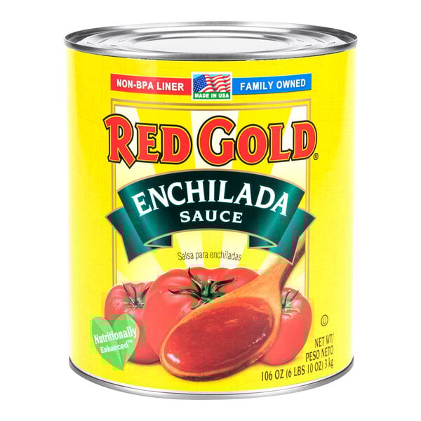 A large can of Red Gold enchilada sauce with a yellow label featuring tomatoes and a wooden spoon.