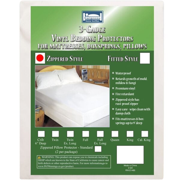 A white Bargoose zippered vinyl mattress cover on a bed.