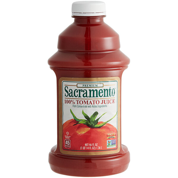 A Sacramento 46 fl. oz. bottle of tomato juice.