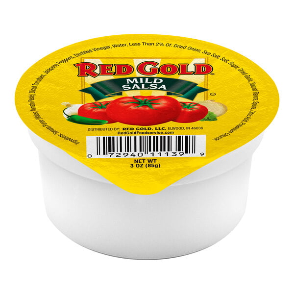 A case of 84 white Red Gold salsa cups with a yellow and black label.