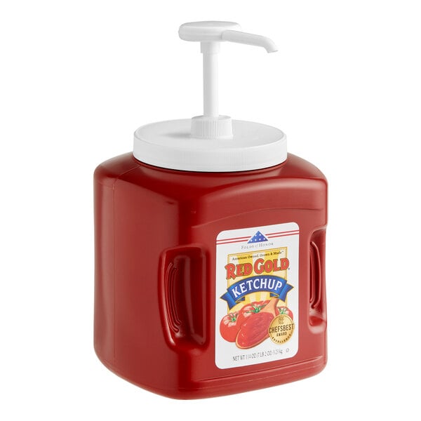 A large plastic jug of Red Gold Fancy Ketchup with a pump dispenser.