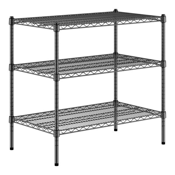 A black metal Regency wire shelving kit with three shelves.