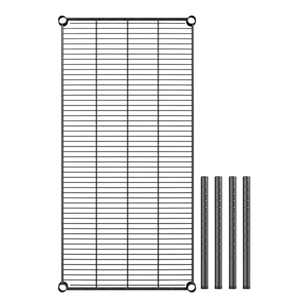 A black metal wire shelf grid with metal rods on the edges.