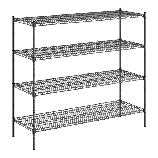 A black wire shelving unit with four shelves.