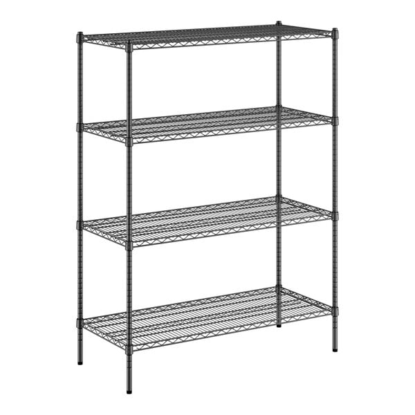 A Regency black wire shelving unit with four shelves.