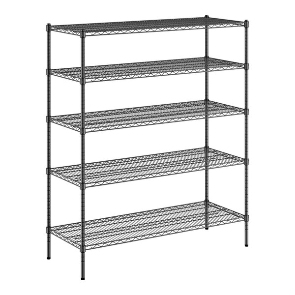 A Regency black wire shelving unit with four shelves.