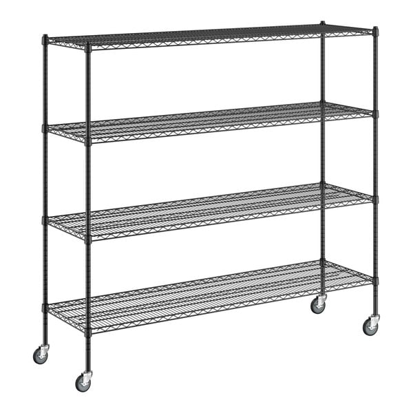 A black metal Regency wire shelving unit with casters.