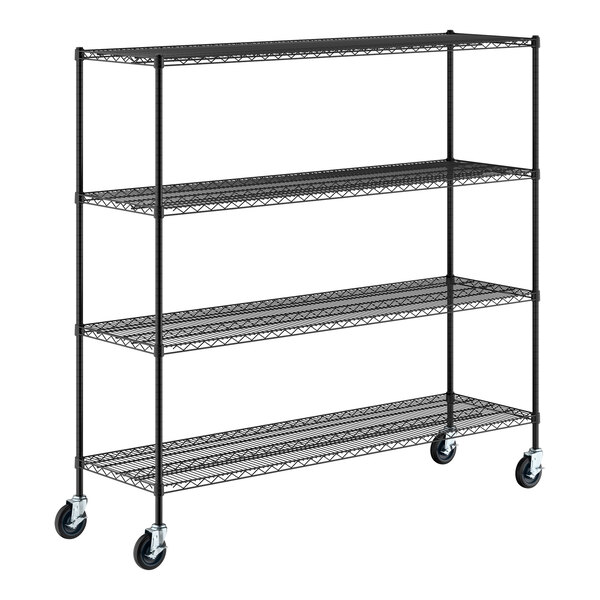 A black metal shelving unit with four wire shelves and four caster wheels.