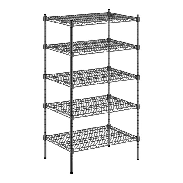 A black wire Regency shelving unit with five shelves.