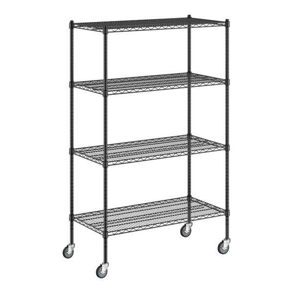 A Regency black wire shelving unit with casters.