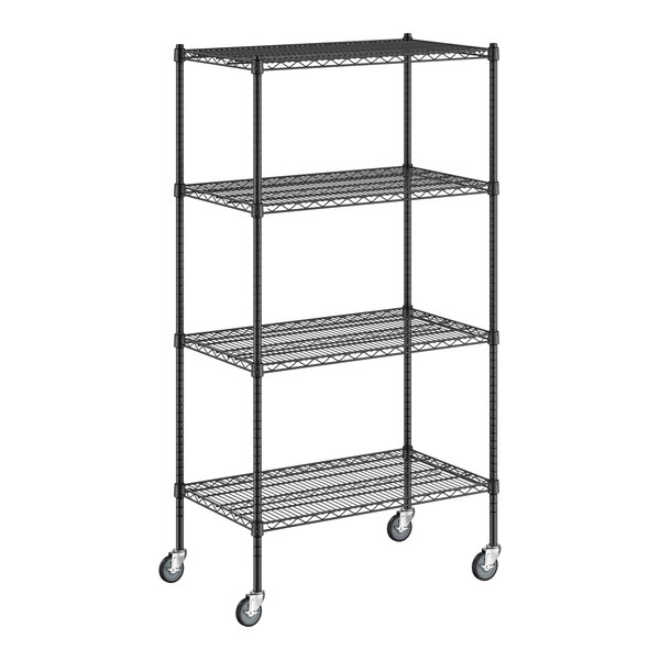 A Regency black wire shelving unit with casters.