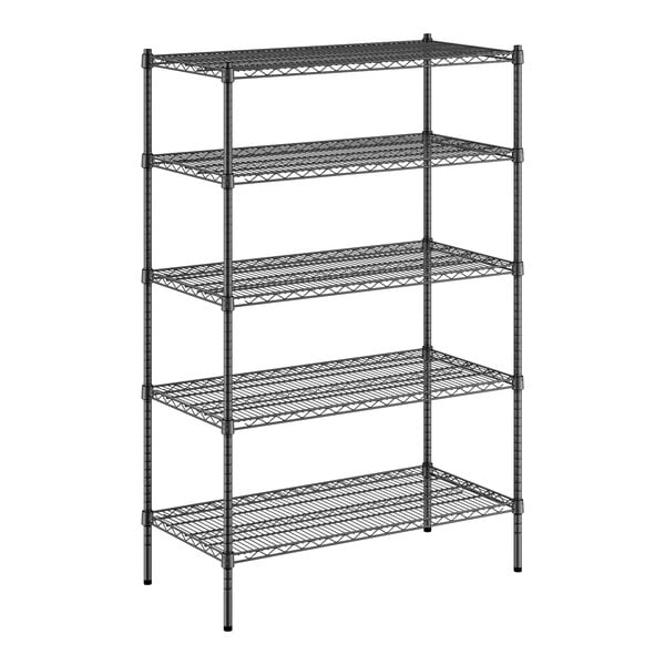 A Regency black wire shelving unit with five shelves.