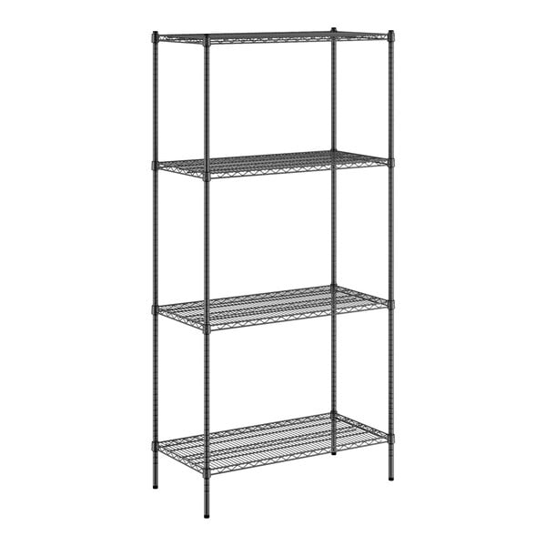 A Regency black wire shelving unit with four shelves.