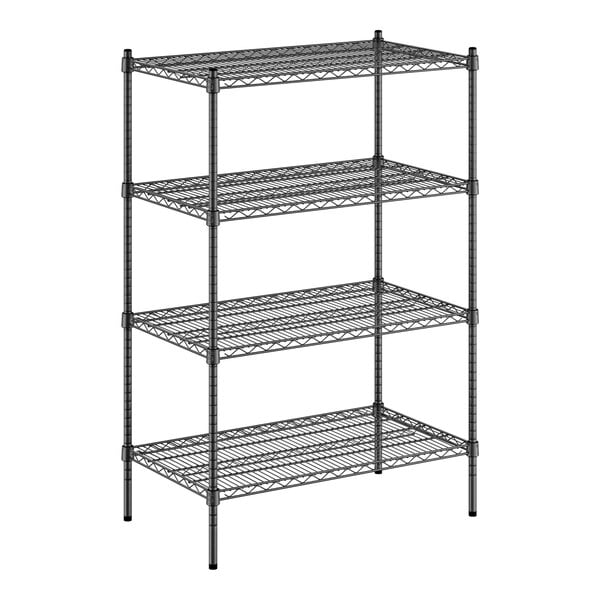 A black wire shelving unit with four shelves.