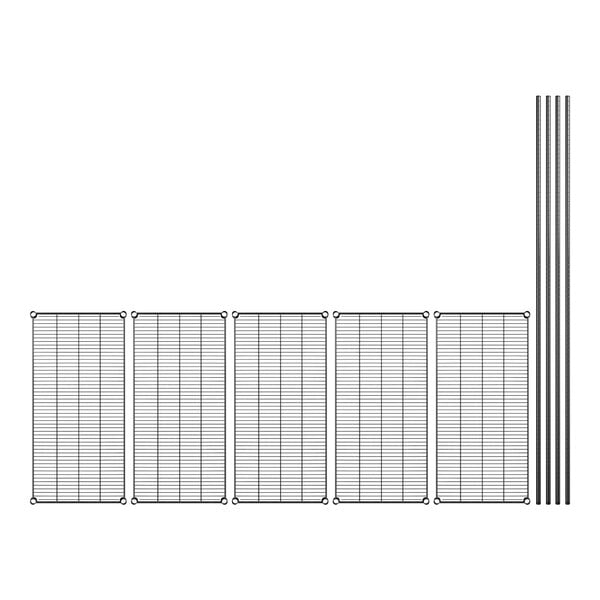 A row of black metal panels with vertical lines and a grid.