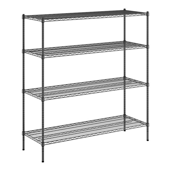 A black wire shelving unit with four shelves.