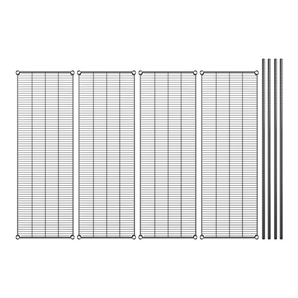 A row of black wire shelves with black wire mesh panels.