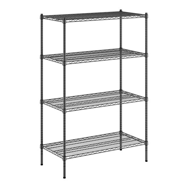 A black wire shelving unit with four shelves.