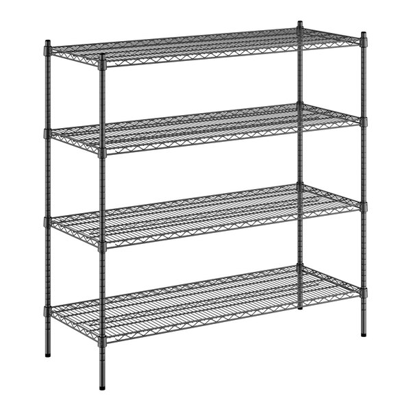 A black wire shelving unit with four shelves.