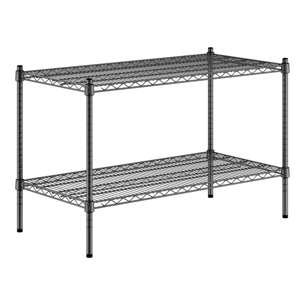 A black metal Regency wire shelving kit with two shelves.