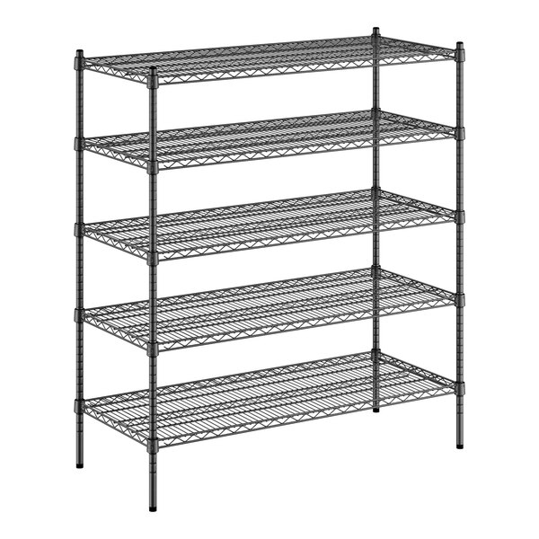 A black wire shelving unit with five shelves.