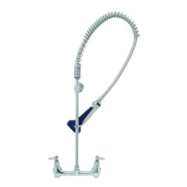 A chrome T&S pre-rinse faucet with a flexible hose.