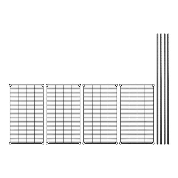 A black Regency wire shelving unit with four shelves and metal poles.