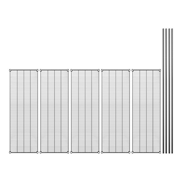 A row of metal grids with black epoxy shelves and posts.