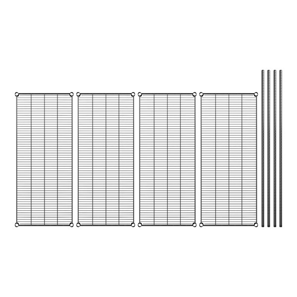 A wire mesh shelf kit with metal poles and bars.