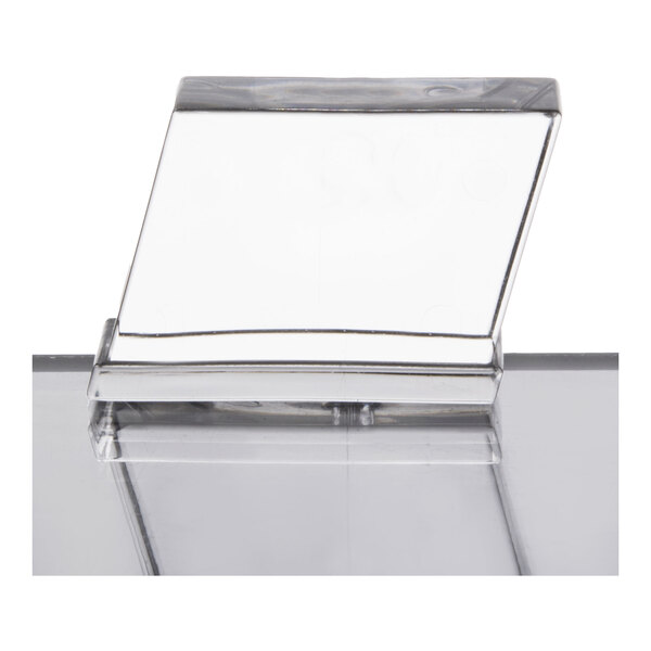 A clear plastic box with a white lid containing clear ice cubes.