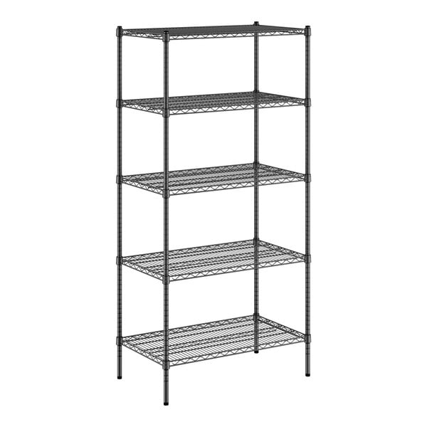 A black wire shelving unit with four shelves.