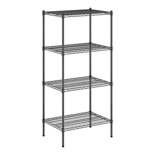 A Regency black wire shelving unit with four shelves.