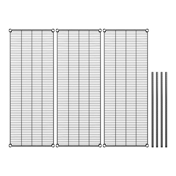 A close-up of a wire rack with black metal shelves and rods.