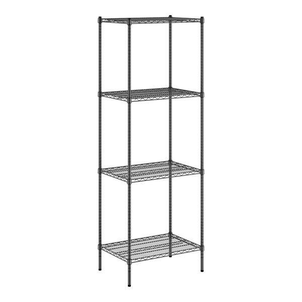 A Regency black wire shelving unit with four shelves.