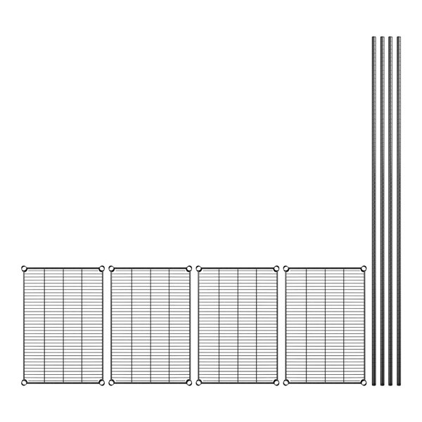 A drawing of a Regency black wire grid shelf kit with four shelves and metal posts.