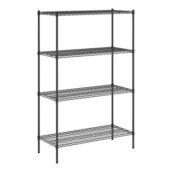 A black metal Regency wire shelving unit with four shelves.